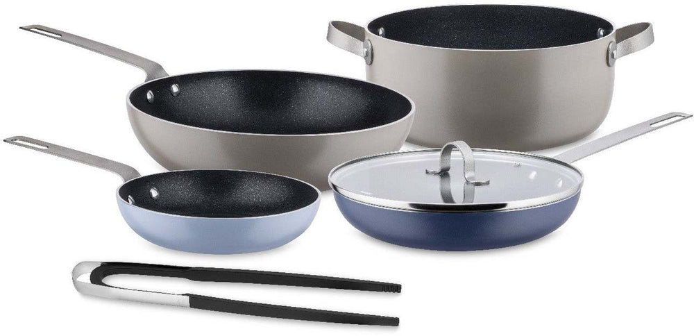 Alessi Pan Set Tama – 5-teiliges Set – GIA100S5 – 4 Pfannen + Servierzange – von Giulio Iacchetti