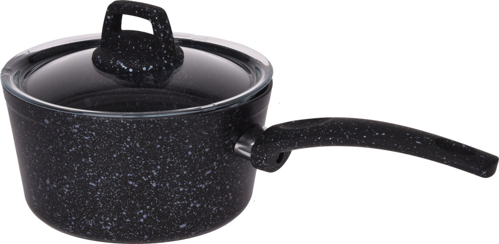 Cookinglife Stielkasserolle / Soßenpfanne mit Deckel - Black Speckle - Aluminium ø 18 cm / 2.2 Liter - Für alle Herdarten geeignet - Standard-Antihaftbeschichtung