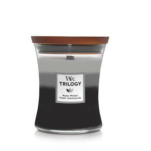 WoodWick Duftkerze Medium Trilogy Warm Woods - 11 cm / ø 10 cm - Duftkerze im Glas - Holzdocht