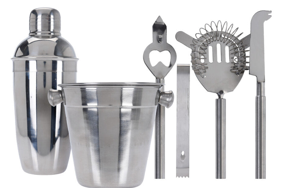 Cookinglife Barset RVS 6-teilig - Cocktailshaker, Eiseimer, Sieb, Flaschenöffner, Zange und Messer