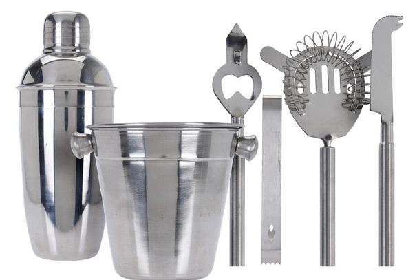 Cookinglife Barset RVS 6-teilig - Cocktailshaker, Eiseimer, Sieb, Flaschenöffner, Zange und Messer