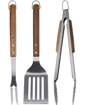 Cookinglife BBQ Werkzeugset Fire & Flavour Holz 3-teilig - RVS - BBQ Spatel, Zange & Gabel