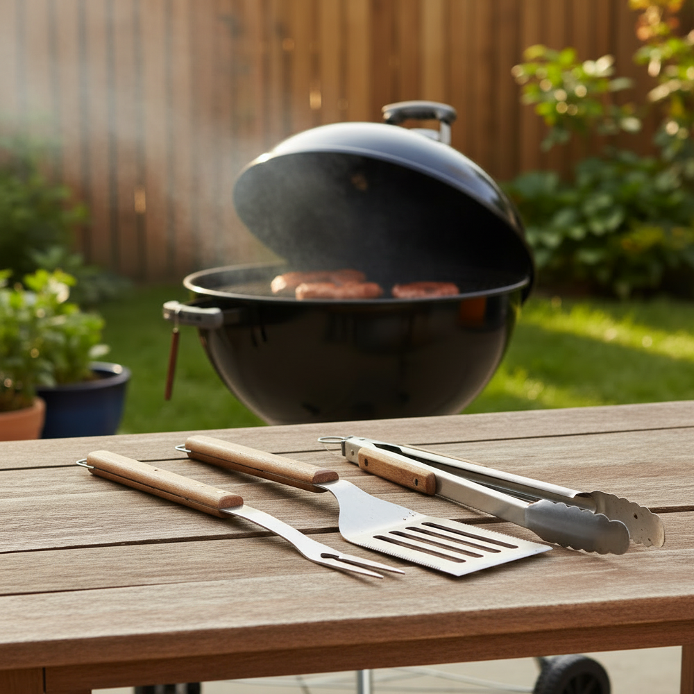 Cookinglife BBQ Werkzeugset Fire & Flavour Holz 3-teilig - RVS - BBQ Spatel, Zange & Gabel