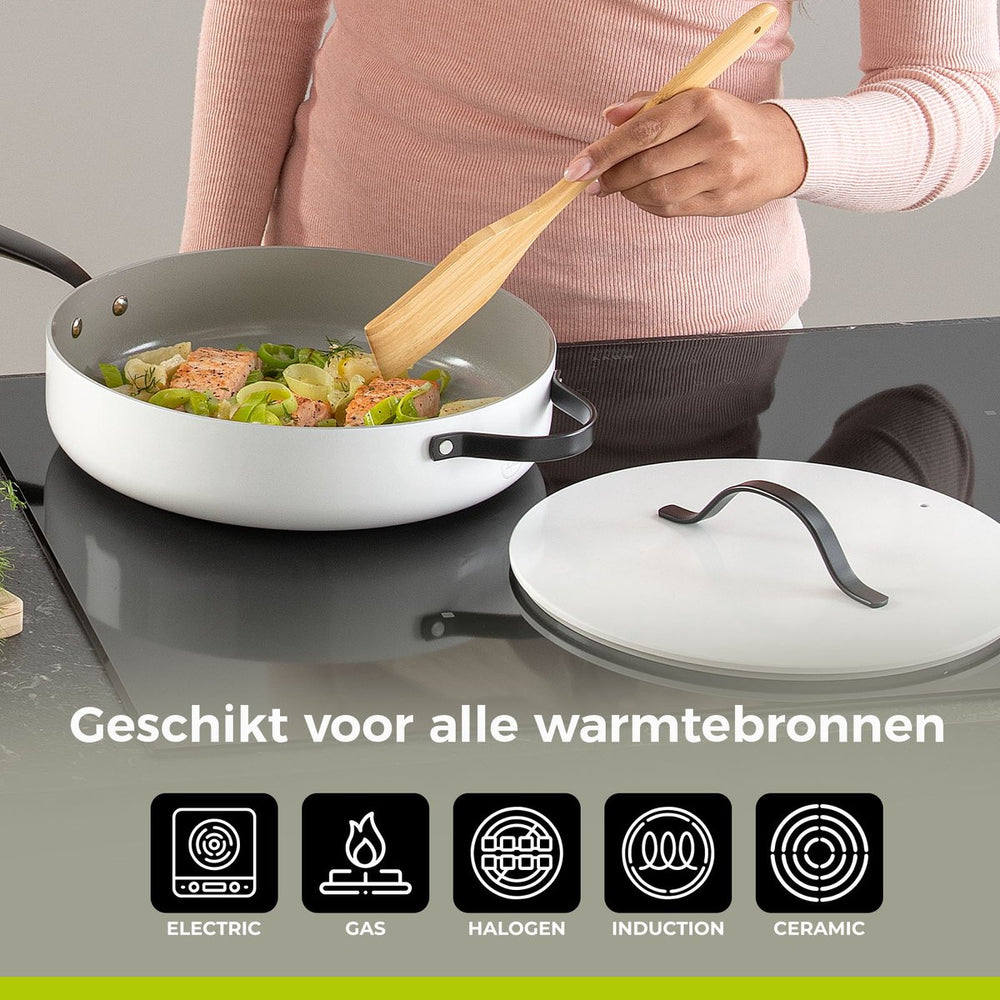 BE Living Pfannenset – 12-teilig – Essential – Keramik-Antihaftbeschichtung – Für alle Wärmequellen geeignet – Weiß