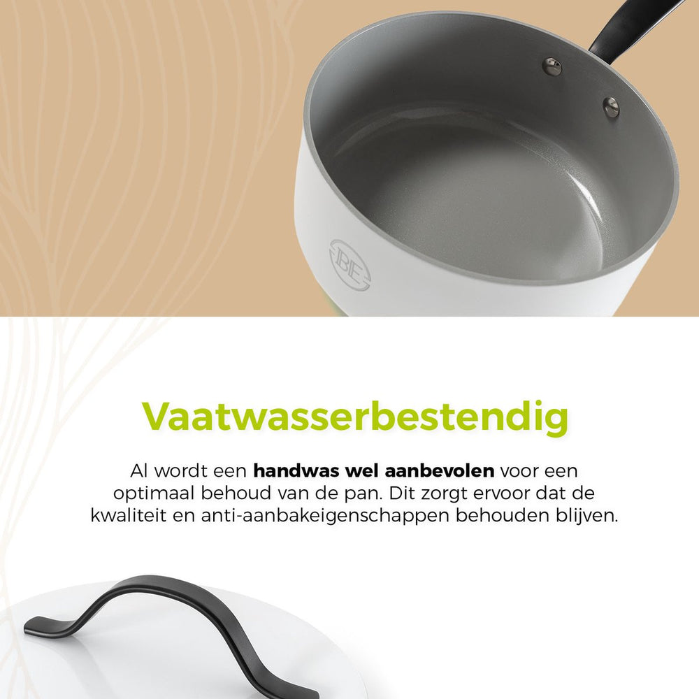 BE Living Steelpan met Deksel - Ø 18cm - Keramische anti-aanbaklaag - PFAS vrij - Geschikt voor alle warmtebronnen - Wit