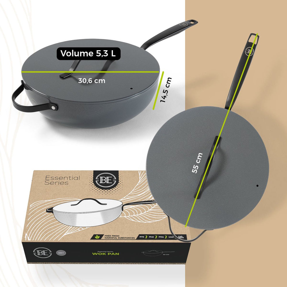 BE Living Wok-Pfanne mit Deckel – Ø 30 cm – Keramik-Antihaftbeschichtung – PFAS-frei – Für alle Wärmequellen geeignet – Grau