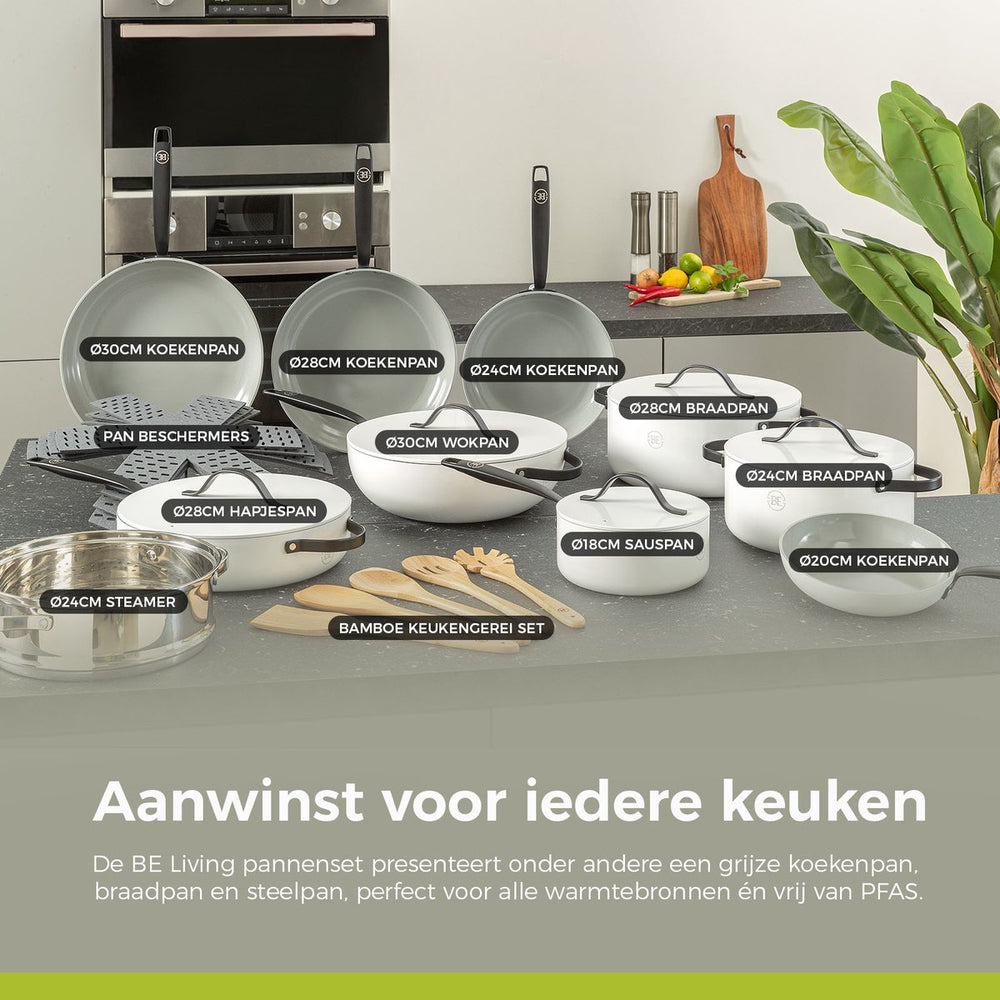 BE Living Wok-Pfanne mit Deckel – Ø 30 cm – Keramik-Antihaftbeschichtung – PFAS-frei – Für alle Wärmequellen geeignet – Weiß