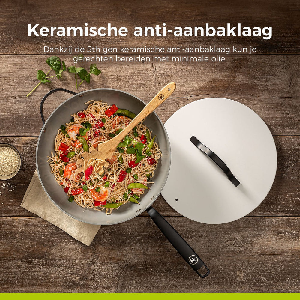 BE Living Wok-Pfanne mit Deckel – Ø 30 cm – Keramik-Antihaftbeschichtung – PFAS-frei – Für alle Wärmequellen geeignet – Weiß