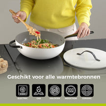 BE Living Wok-Pfanne mit Deckel – Ø 30 cm – Keramik-Antihaftbeschichtung – PFAS-frei – Für alle Wärmequellen geeignet – Weiß