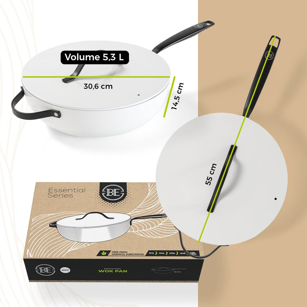 BE Living Wok-Pfanne mit Deckel – Ø 30 cm – Keramik-Antihaftbeschichtung – PFAS-frei – Für alle Wärmequellen geeignet – Weiß