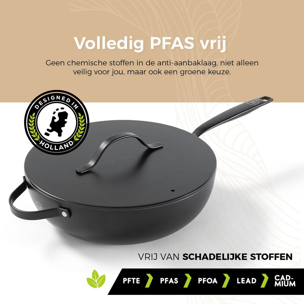 BE Living Wok-Pfanne mit Deckel – Ø 30 cm – Keramik-Antihaftbeschichtung – PFAS-frei – Für alle Wärmequellen geeignet – Schwarz