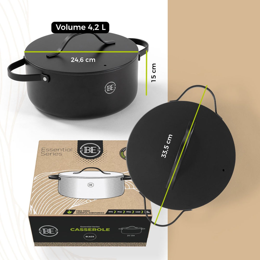 BE Living Dutch Oven mit Deckel, ø 24 cm, Keramik-Antihaftbeschichtung, für alle Wärmequellen geeignet, Schwarz
