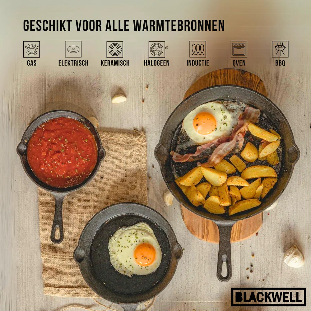 Blackwell Gusseisen-Bratpfannen-Set / Bratpfannen ø 16, 20 & 25 cm - ohne Antihaftbeschichtung