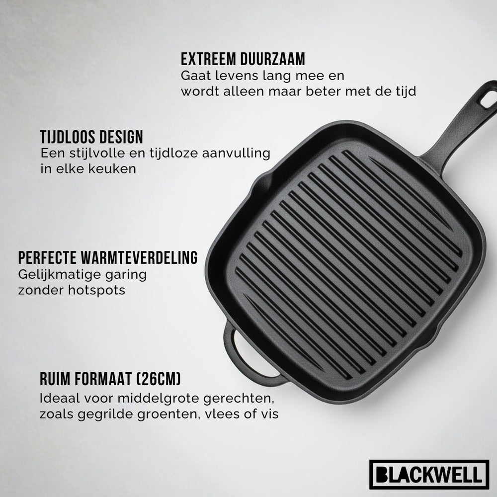 Blackwell Grillpfanne aus Gusseisen 26 x 26 cm – ohne Antihaftbeschichtung – geeignet für alle Herdarten