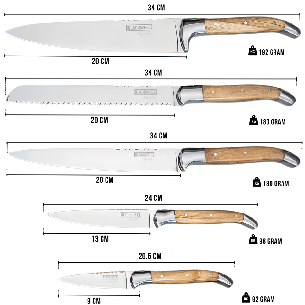 Blackwell Messerblock - Laguiole - Olivenholz - Kochmesser, Brotmesser, Fleischmesser, Officemesser & Schälmesser 6-teilig