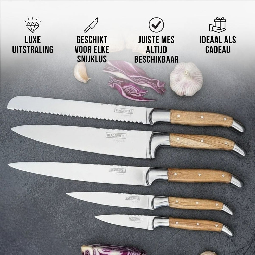 Blackwell Messerblock - Laguiole - Olivenholz - Kochmesser, Brotmesser, Fleischmesser, Officemesser & Schälmesser 6-teilig
