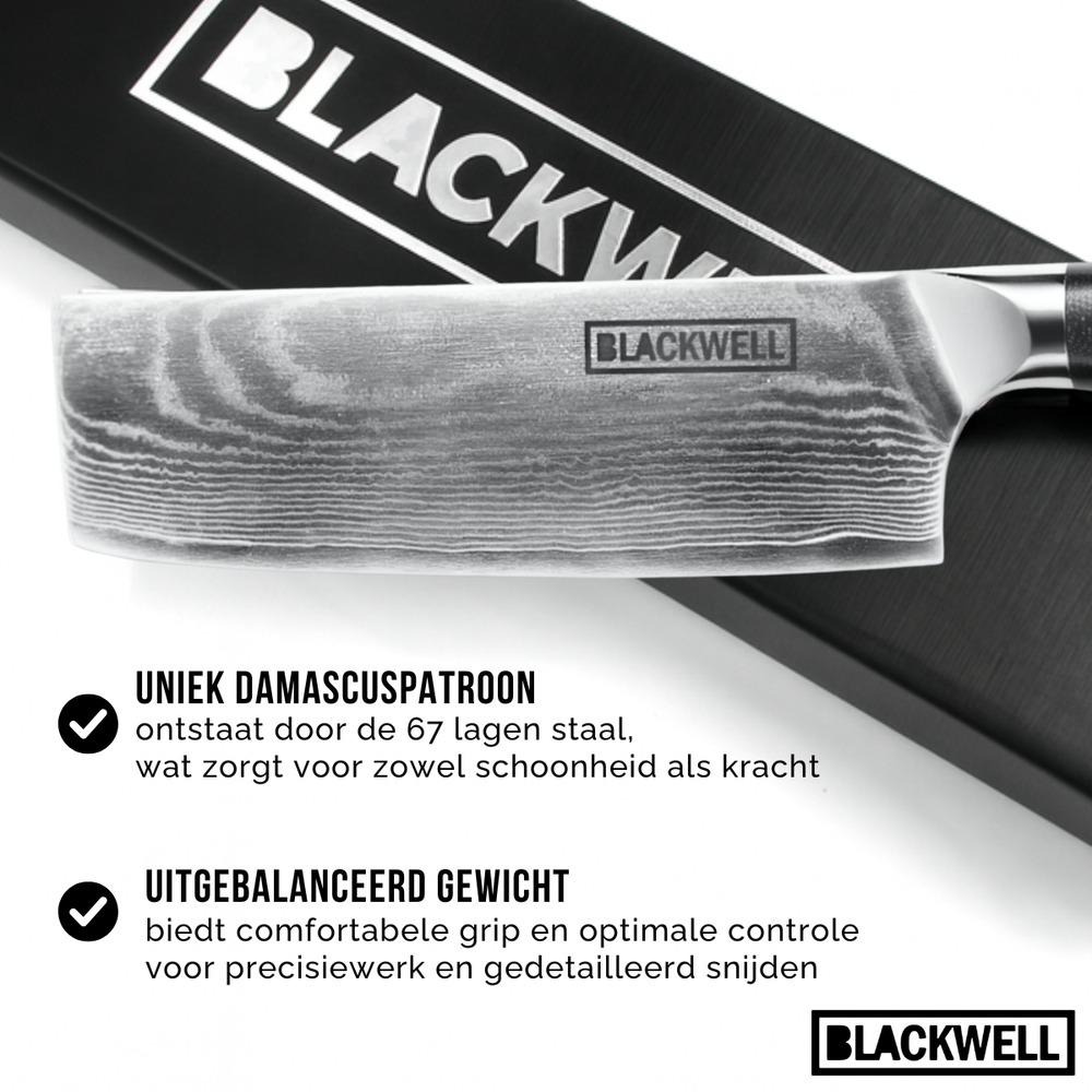 Blackwell Messerset (Kochmesser + Santokumesser + Nakirimesser + Officemesser) – Japanischer Stil – 67 Lagen Damaszenerstahl – VG10 – 4-teilig