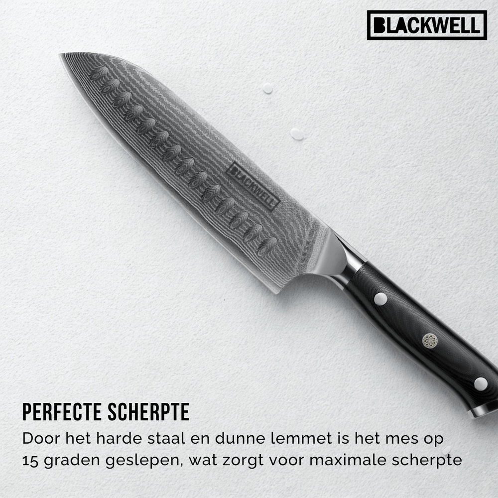 Blackwell Messerset (Kochmesser + Santokumesser + Nakirimesser + Officemesser) – Japanischer Stil – 67 Lagen Damaszenerstahl – VG10 – 4-teilig