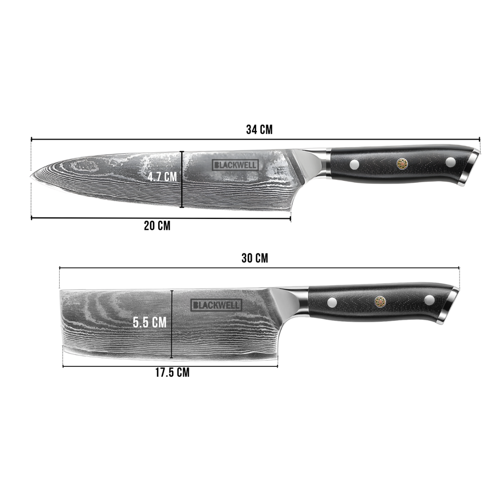 Blackwell Messerset (Kochmesser + Gemüsemesser / Nakiri-Messer) – Japanischer Stil – 67 Lagen Damaszenerstahl – VG10 – 2-teilig
