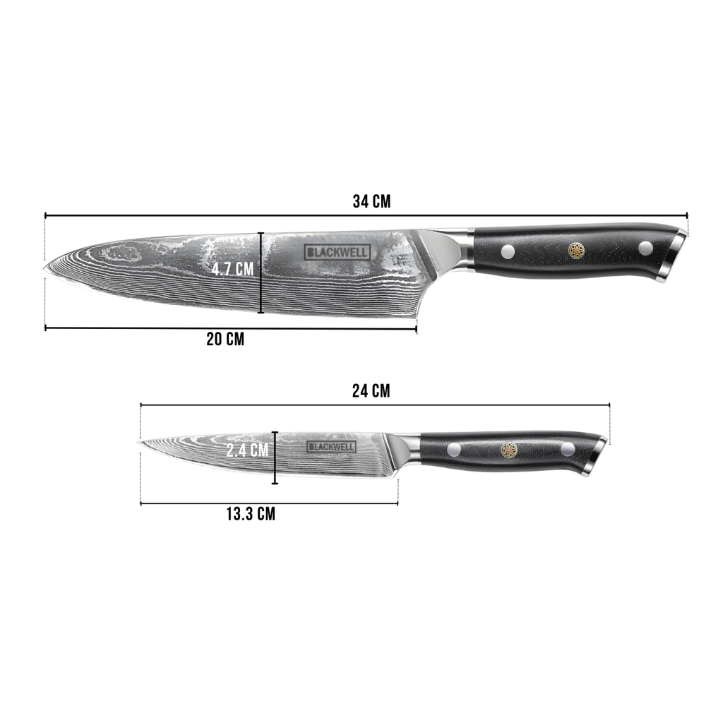 Blackwell Messerset (Kochmesser + Schälmesser) – Japanischer Stil – 67 Lagen Damaszenerstahl – VG10 – 2-teilig
