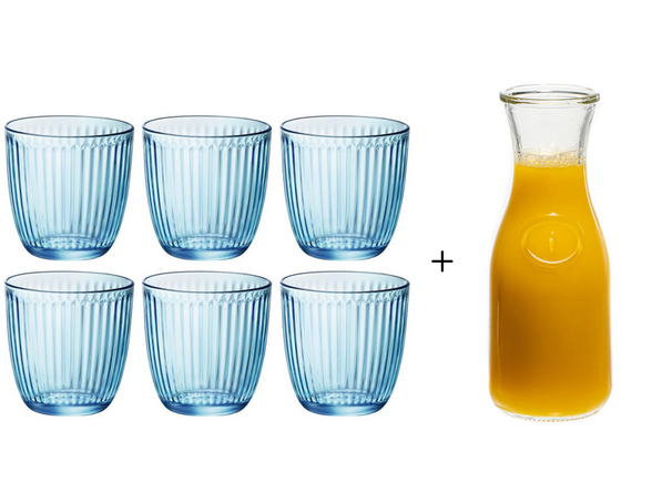 Bormioli Rocco Wassergläser Linie Blau 290 ml - 6 Stück + Cookinglife Karaffe 1 Liter