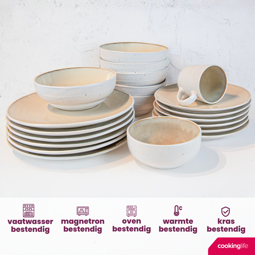 Cookinglife Geschirrset Nola Sand reaktive Glasur 18-teilig / 6 Personen - 6 Speiseteller, 6 Frühstücksteller und 6 Schalen