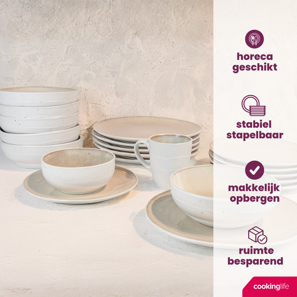 Cookinglife Geschirrset Nola Sand reaktive Glasur 18-teilig / 6 Personen - 6 Speiseteller, 6 Frühstücksteller und 6 Schalen