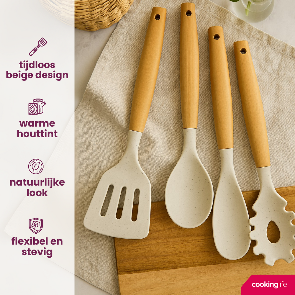 Cookinglife Kochgeschirr Set - Kochgeschirr Set - Holz beige 4-teilig - Pfannenwender, Servierlöffel, Salatlöffel & Spaghettilöffel