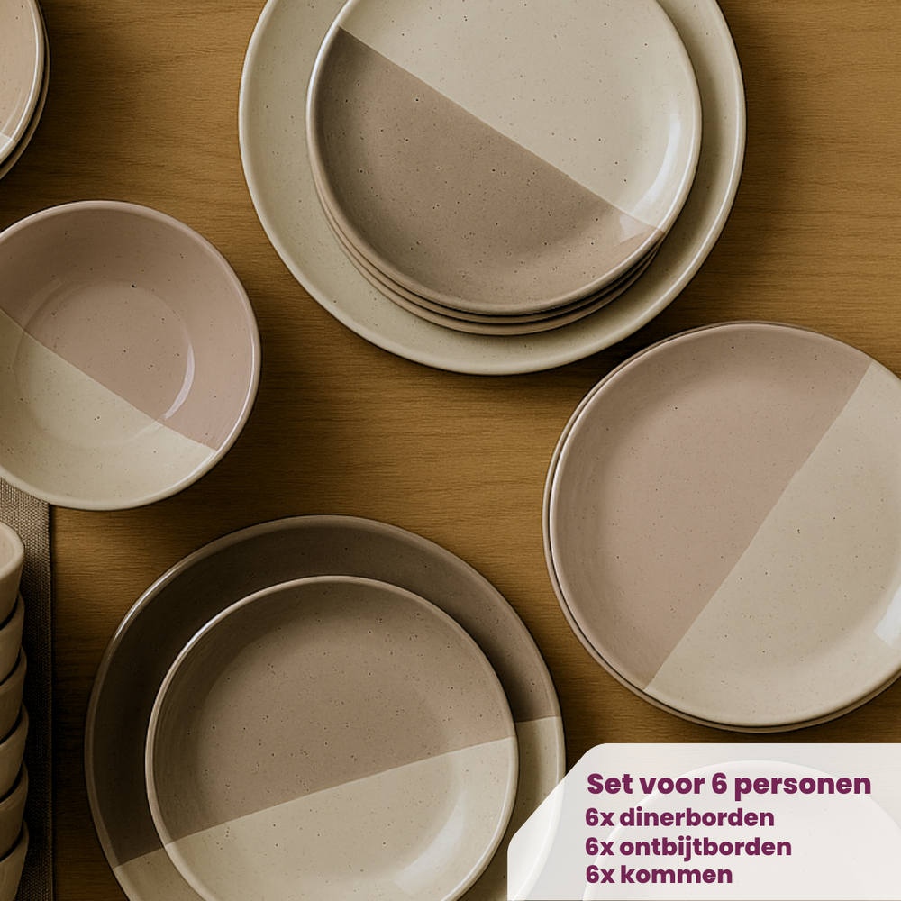 Cookinglife Geschirrset Leem 18-teilig / 6 Personen - 6 Speiseteller, 6 Frühstücksteller und 6 Schalen