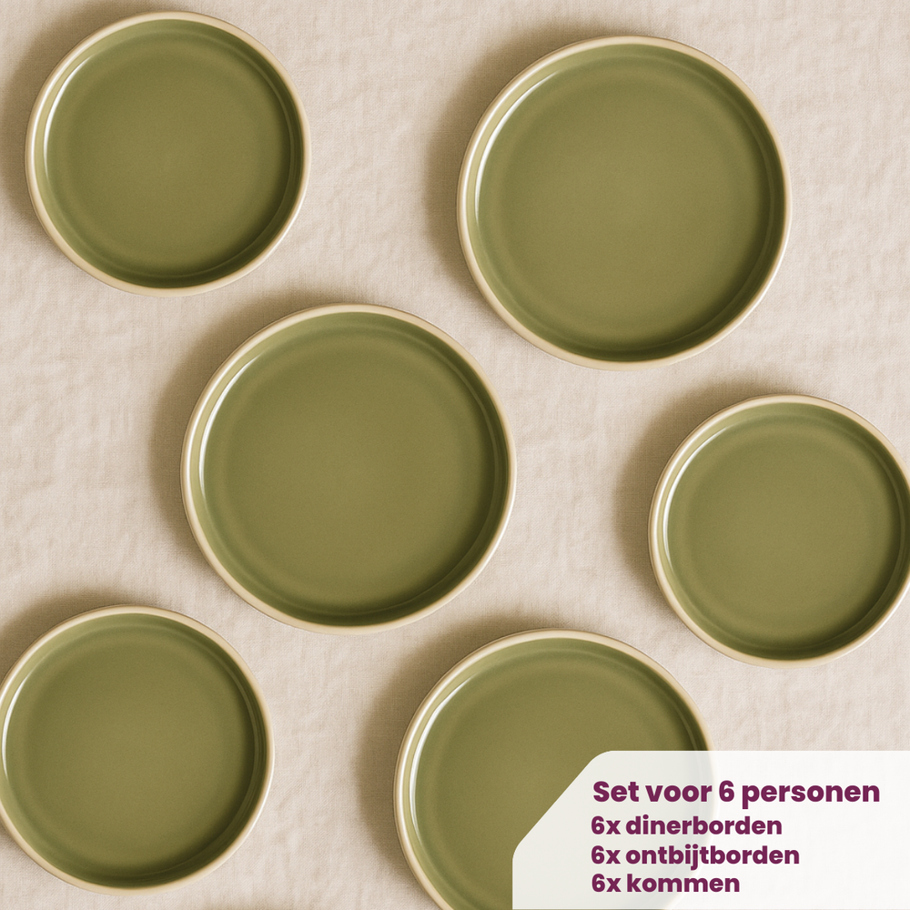 Cookinglife Geschirrset Mosgrün 18-teilig / 6 Personen - 6 Dinner-Teller, 6 Frühstücksteller und 6 Schalen