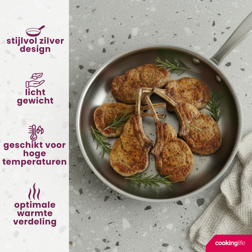 Cookinglife Bratpfanne Superior Edelstahl Ø 28 cm – geeignet für alle Wärmequellen – ohne Antihaftbeschichtung