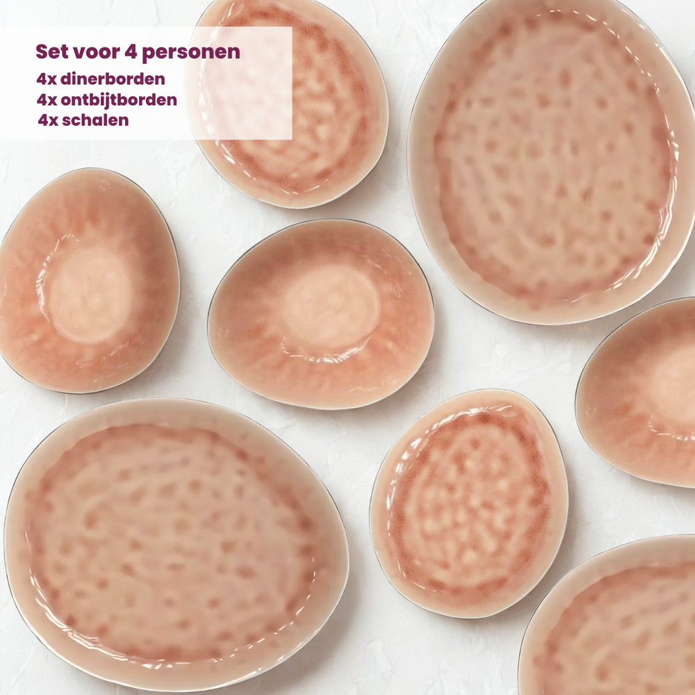 Cosy & Trendy Geschirrset Laguna Old Rose 12-teilig / 4 Personen - 4 Speiseteller, 4 Frühstücksteller und 4 Schalen