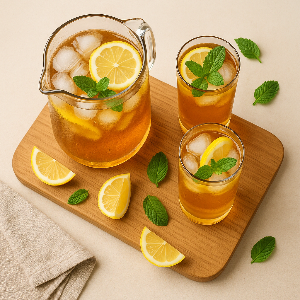 Frisse, lichtzoete ijsthee op basis van zwarte thee met citroen, sinaasappel en munt. Ideaal om vooraf te maken en ijskoud te serveren.