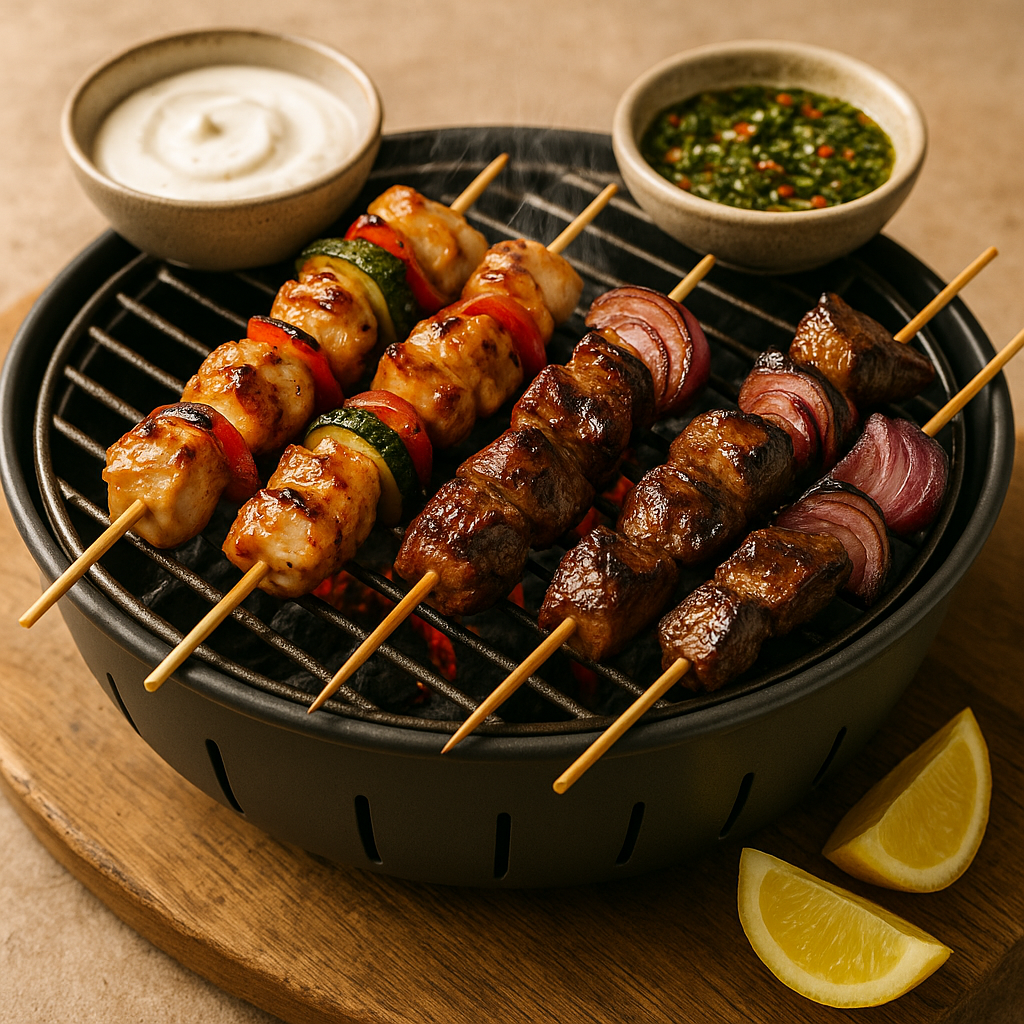 Sappige kippendij en malse runderreepjes op aparte spiesen, gemarineerd in citroen-knoflook met mediterrane kruiden. Gaar je kip lekker door en houd je rund mooi rosé — zo krijgt iedereen perfect gegrilde spiesjes in één sessie.