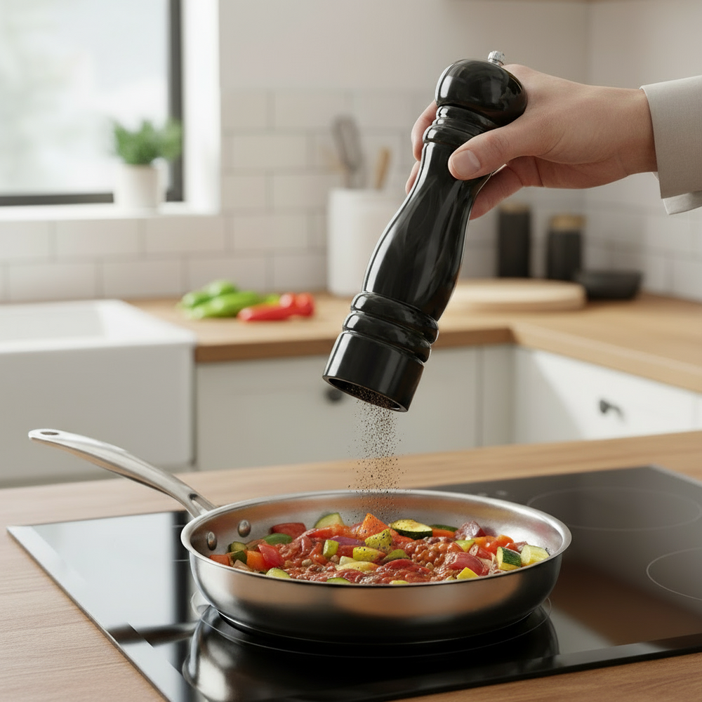 Cookinglife Pfeffermühle Rocca Schwarz Glänzend - Edelstahl Mahlwerk - 21,5 cm