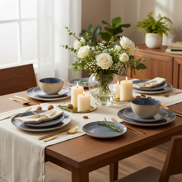 Cookinglife Serene Blue 12-teiliges Geschirrset / 4 Personen - 4 Speiseteller, 4 Frühstücksteller und 4 Schüsseln