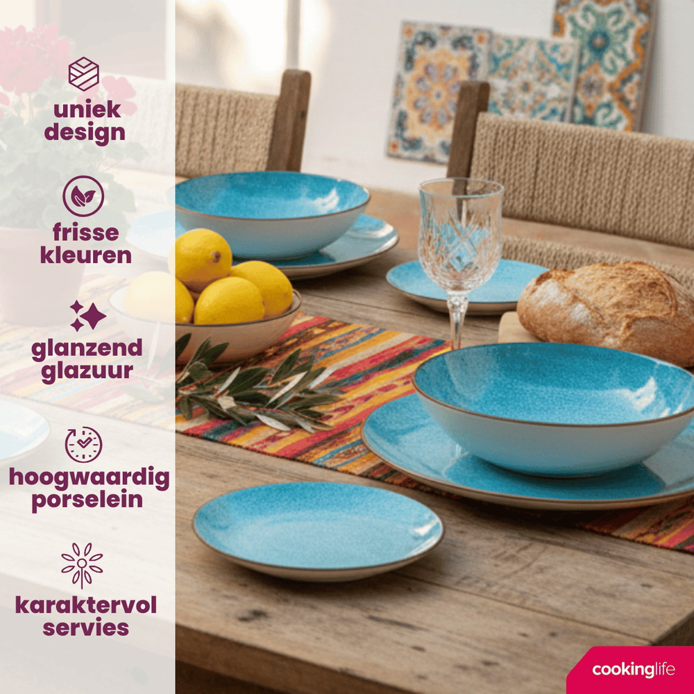 Cookinglife Geschirrset Tela Blau Porzellan 12-teilig / 4 Personen - 4 Speiseteller, 4 Frühstücksteller und 4 tiefe Teller