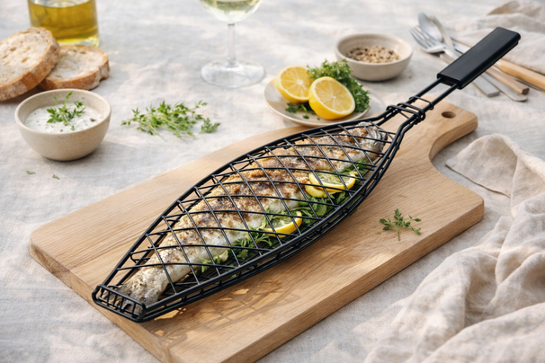 Cookinglife BBQ Fischgrill Fire & Flavour - Antihaft Metall - Grillen von Fisch und Gemüse
