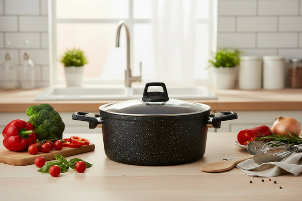 Cookinglife Kochtopf mit Deckel - Black Speckle - Aluminium Ø 24 cm / 4.4 Liter - Geeignet für alle Herdarten - Standard Antihaftbeschichtung