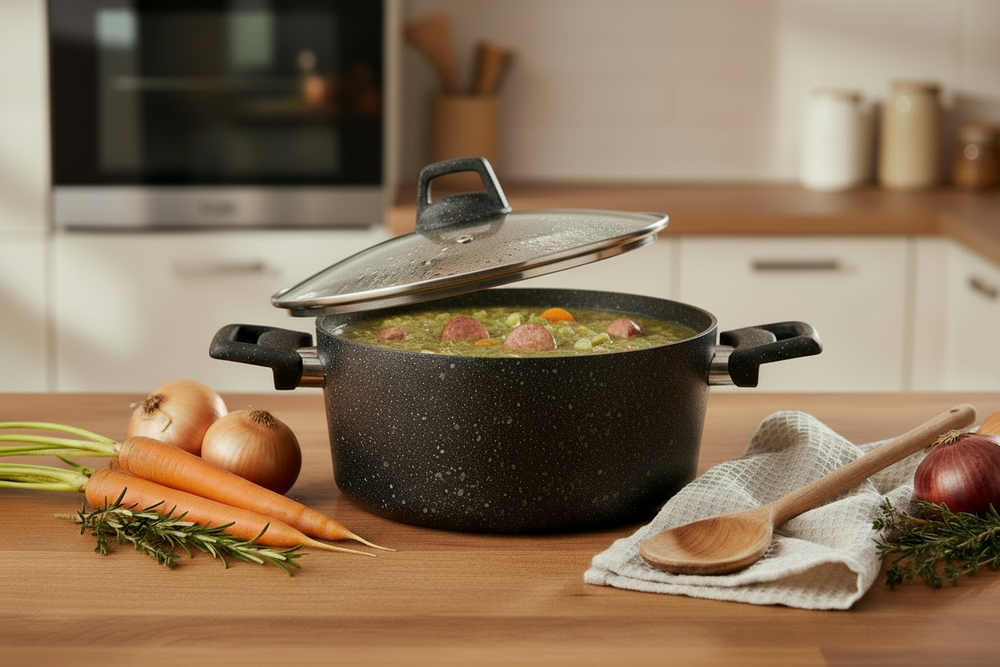 Cookinglife Kochtopf mit Deckel - Black Speckle - Aluminium Ø 24 cm / 4.4 Liter - Geeignet für alle Herdarten - Standard Antihaftbeschichtung