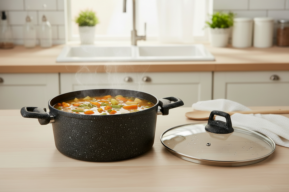 Cookinglife Kochtopf mit Deckel - Black Speckle - Aluminium Ø 24 cm / 4.4 Liter - Geeignet für alle Herdarten - Standard Antihaftbeschichtung