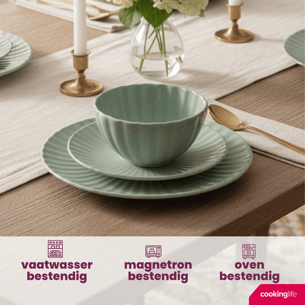 Cookinglife Geschirrset Cardida Grün 18-teilig / 6 Personen - 6 Speiseteller, 6 Frühstücksteller und 6 Schalen