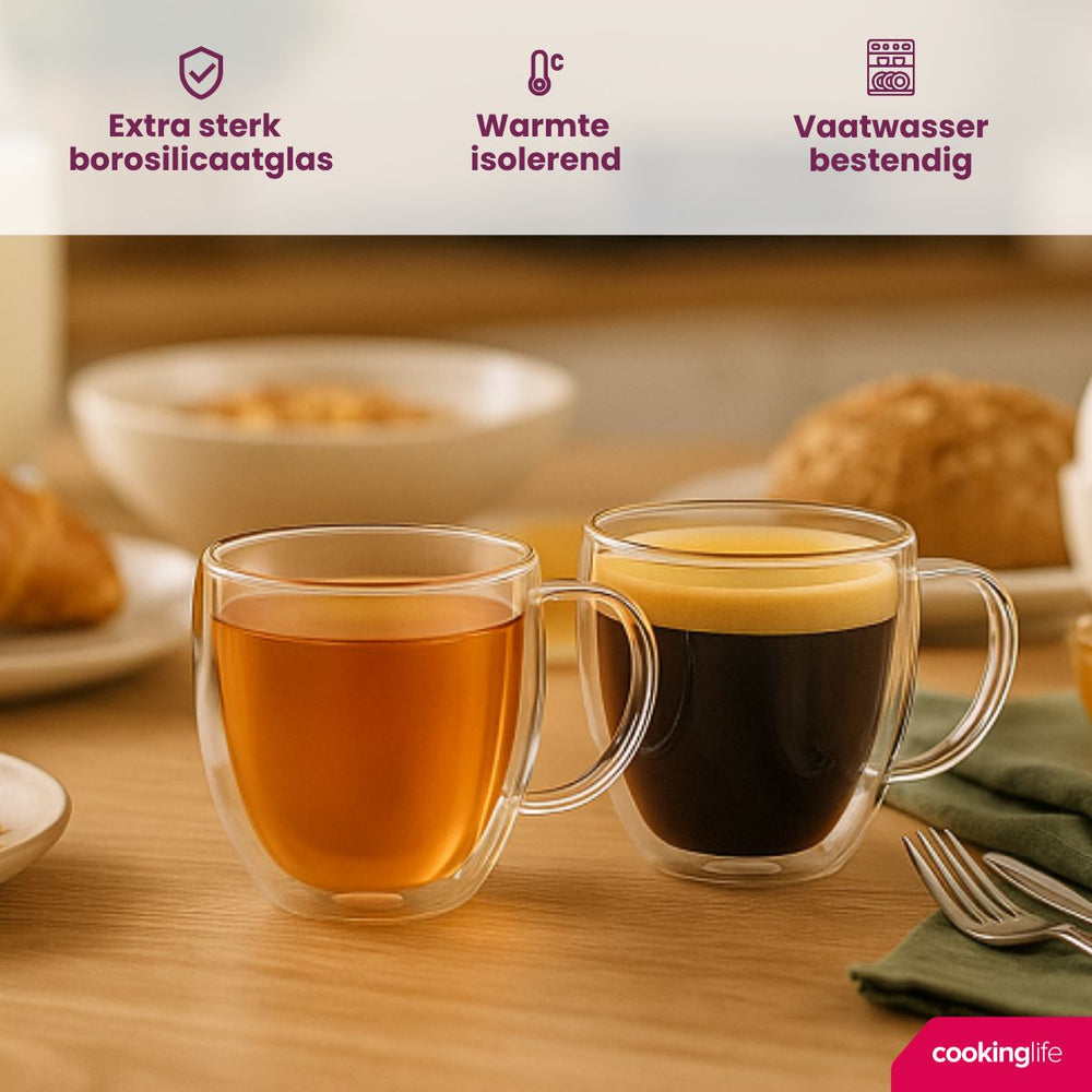 Cookinglife Doppelwandige Kaffee- / Teegläser mit Henkel 280 ml - 2 Stück