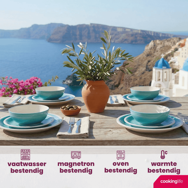 Cookinglife Geschirrset Oceanico Türkis 12-teilig / 4 Personen - 4 Speiseteller, 4 Frühstücksteller und 4 Schüsseln
