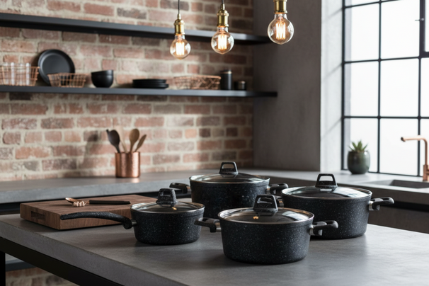 Cookinglife Topfset Black Speckle 4-teilig - Aluminium - Kochtopf ø 20, 22, 24 cm & Stielkasserolle ø 18 cm - Geeignet für alle Wärmequellen - Standard-Antihaftbeschichtung