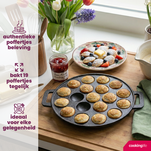 Cookinglife Poffertjespfanne Gusseisen Ø 24 cm – 19 Poffertjes – ohne Antihaftbeschichtung – geeignet für alle Wärmequellen