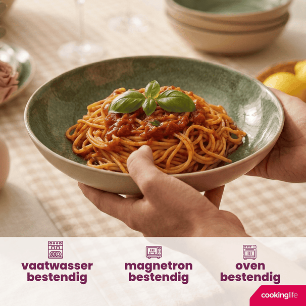 Cookinglife Tiefe Teller / Pastateller, Serene Green, Ø 23 cm – Steingut – 4 Stück