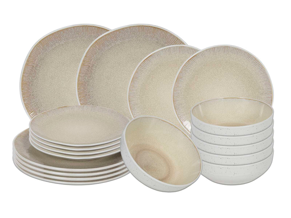 Cookinglife Geschirrset Nola Sand reaktive Glasur 18-teilig / 6 Personen - 6 Speiseteller, 6 Frühstücksteller und 6 Schalen