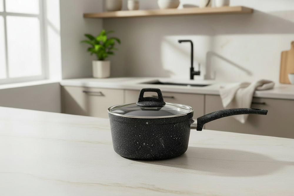 Cookinglife Stielkasserolle / Soßenpfanne mit Deckel - Black Speckle - Aluminium ø 18 cm / 2.2 Liter - Für alle Herdarten geeignet - Standard-Antihaftbeschichtung