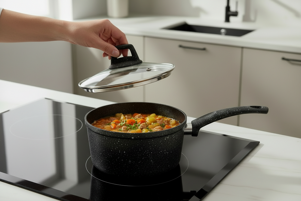 Cookinglife Stielkasserolle / Soßenpfanne mit Deckel - Black Speckle - Aluminium ø 18 cm / 2.2 Liter - Für alle Herdarten geeignet - Standard-Antihaftbeschichtung